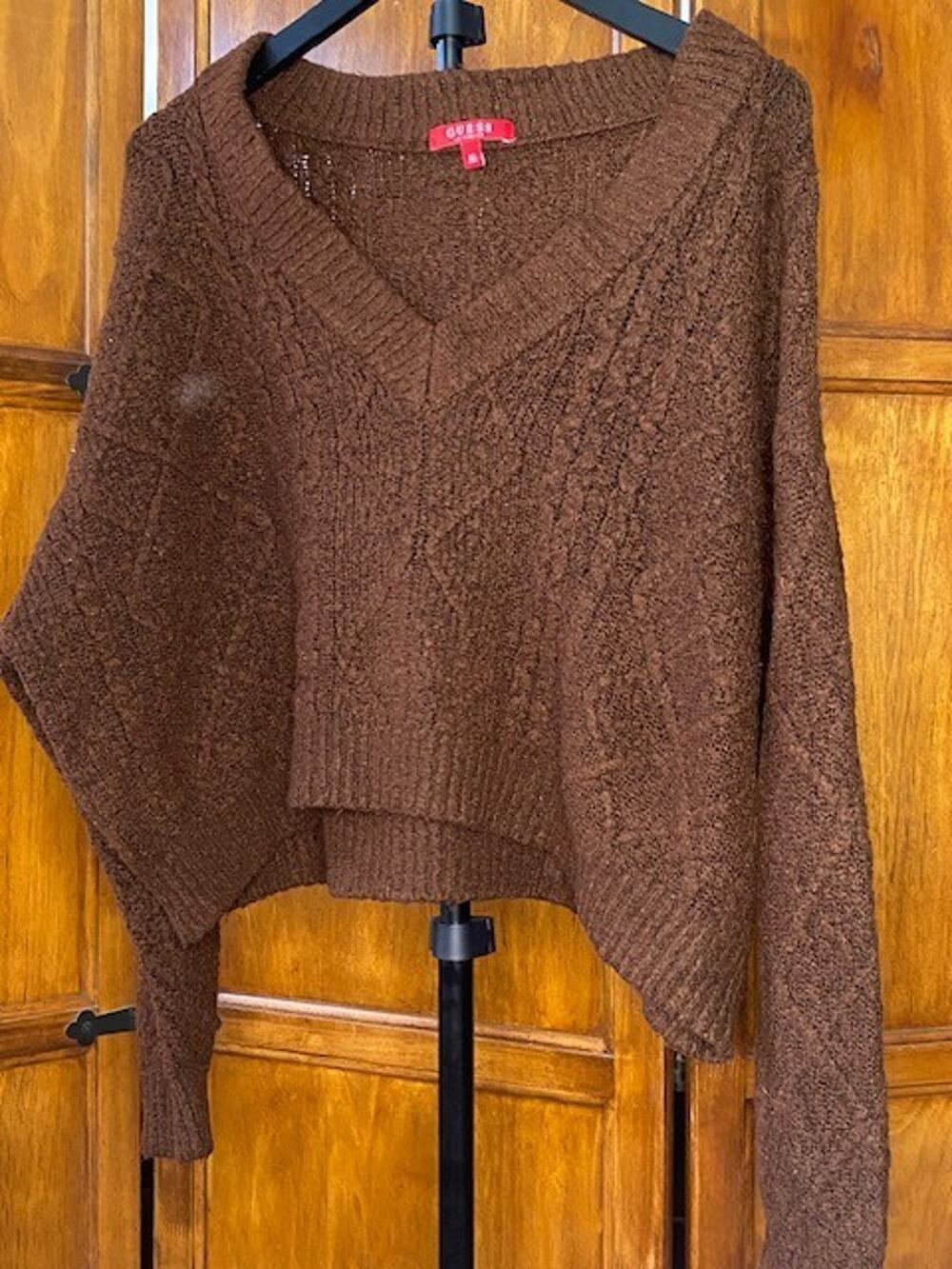GUESS Los Angeles Brown Cable Knit V-Neck Sweater Women's Medium Chunky Cozy